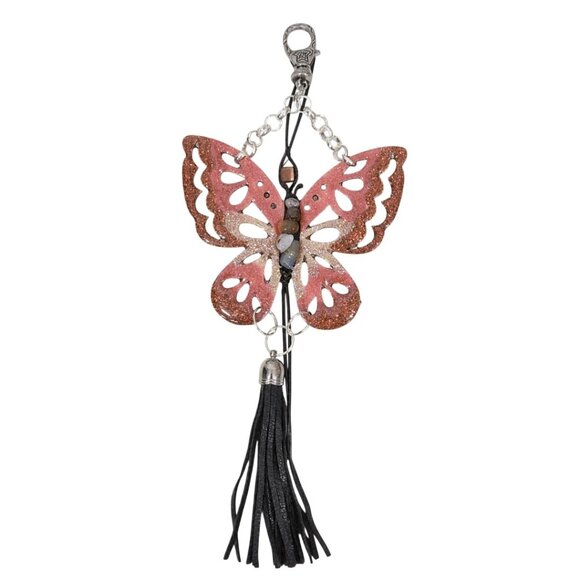 Orange Handpainted Wooden Butterfly Purse Leather Tassel Stone Beaded Leather